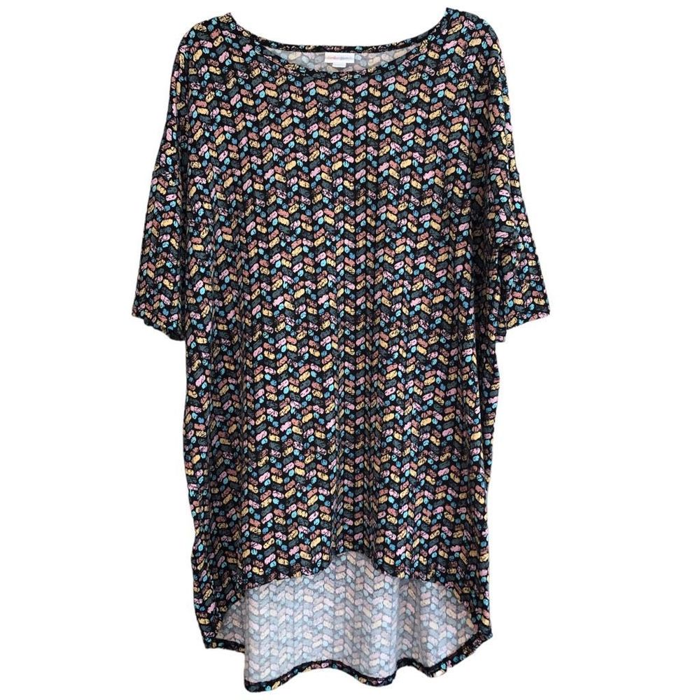 LuLaRoe NWOT Irma multicolor pattern tunic top sz L short sleeve pink mauve - Picture 2 of 6